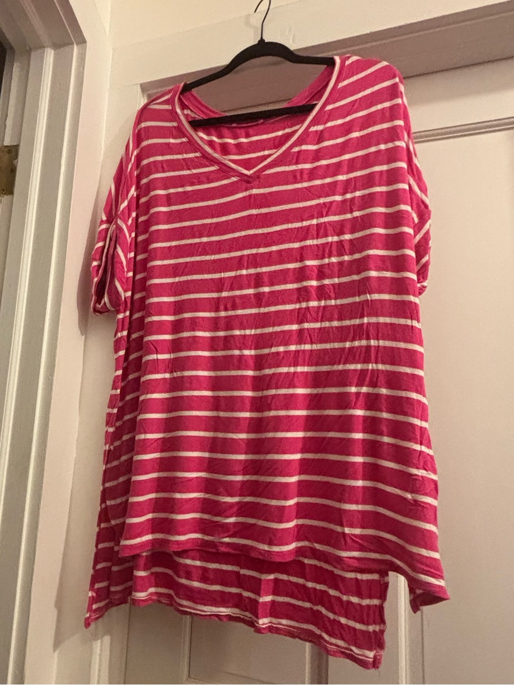 Zenana Outfitters Pink and White Striped V-Neck Tee